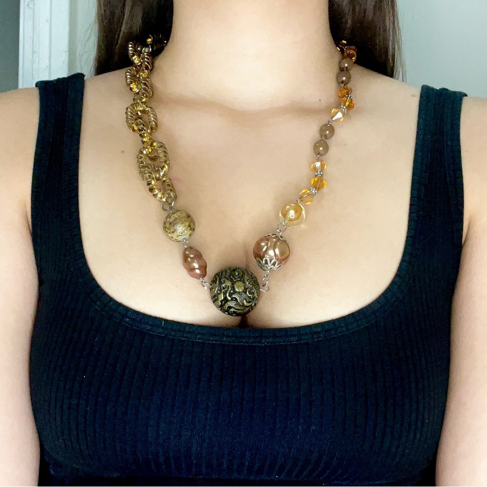 vintage 90’s retro gold brown beaded necklace